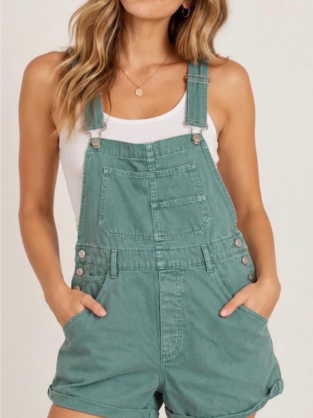 We The Free Teal Green Denim Short Overalls